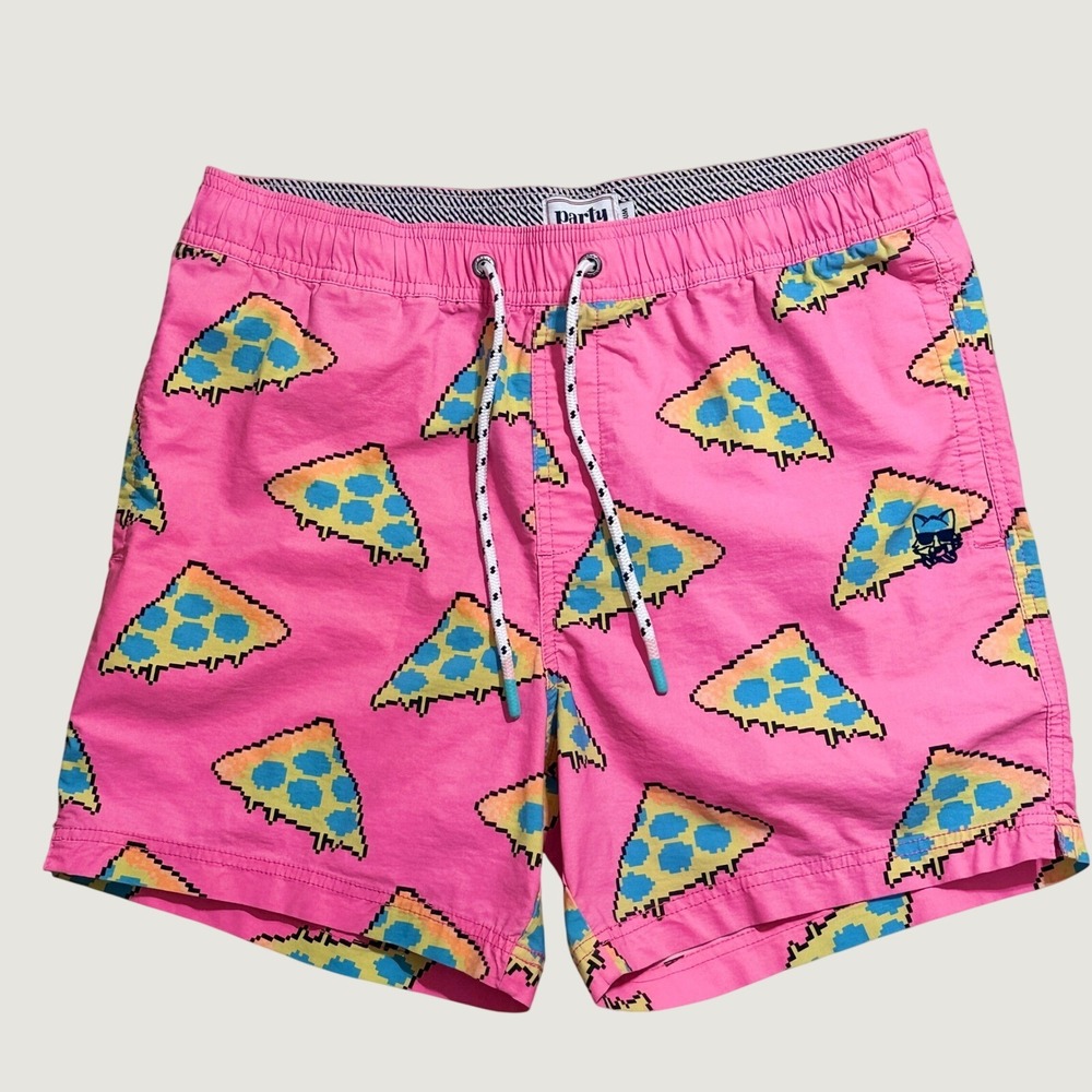 Party Pants Swim Trunks Men's Medium Pink Pizza Print 5" Board Shorts
